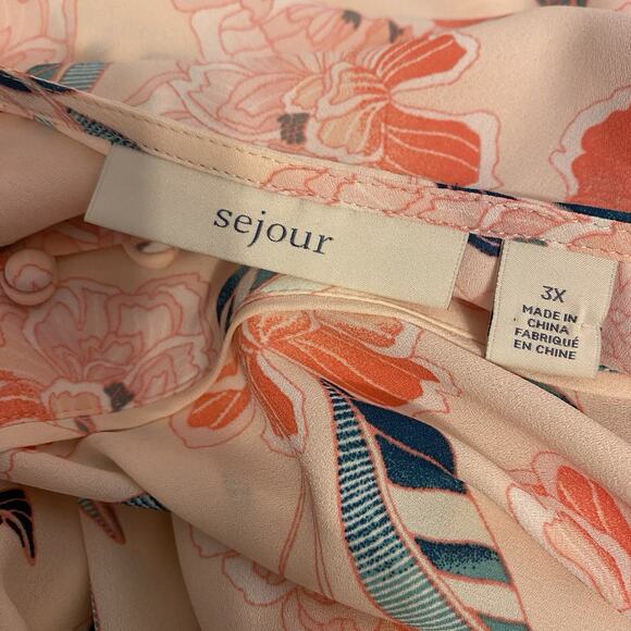 Sejour 3X Pink Sheer Floral Blouse Scoop Neck 3/4 Sleeve Church Work Teacher - Picture 4 of 10